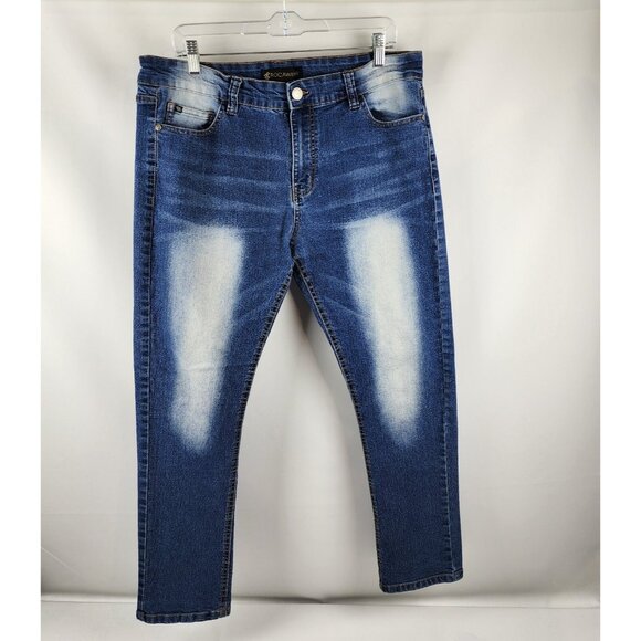 Rocawear Jeans Mens 36x28 Blue Skinny Leg Stretch Acid Wash Knees - Picture 1 of 9